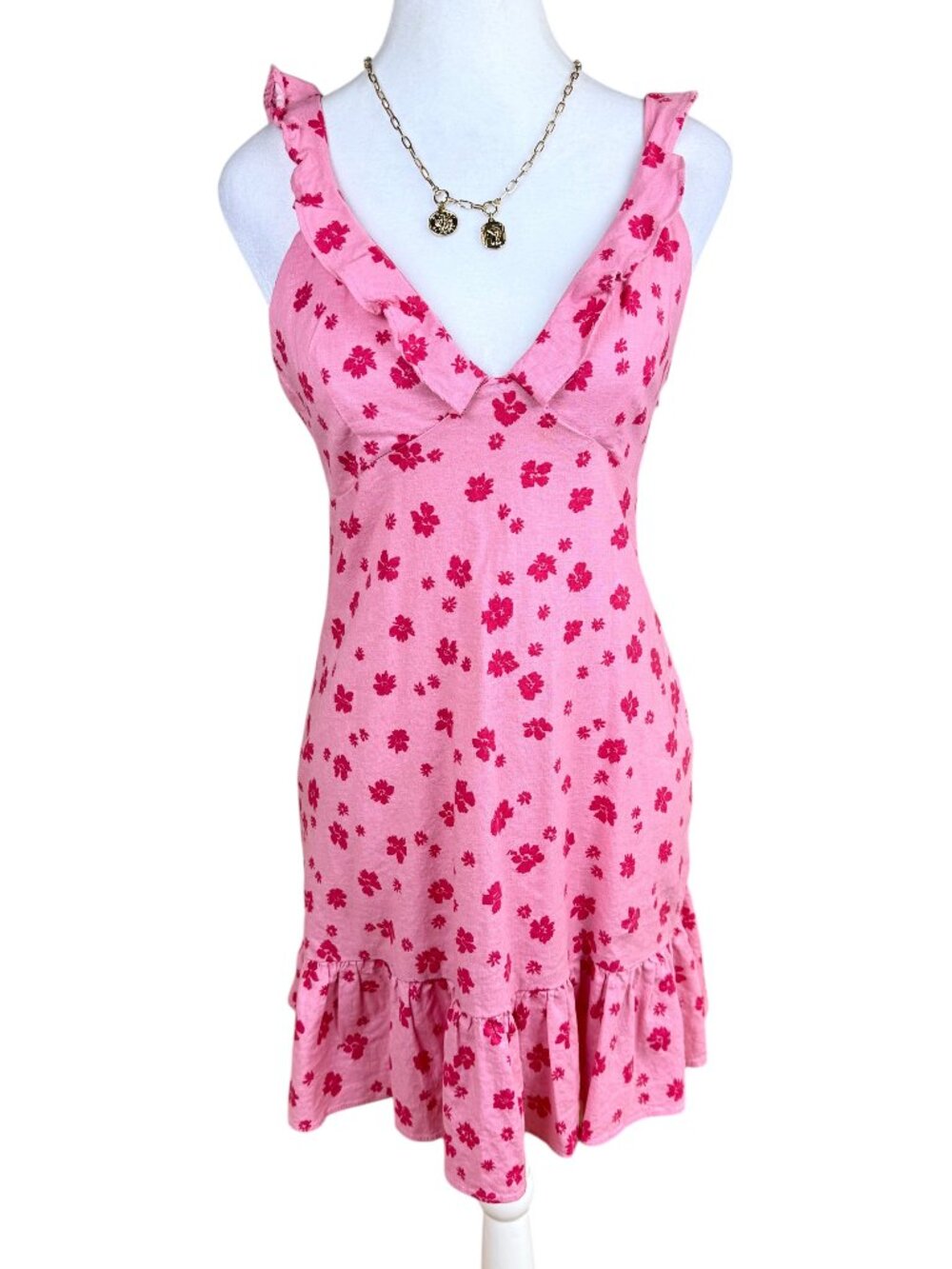 Zara Dress Linen Blend Fit & Flare Sleeveless Summer Pink Red Floral (M)